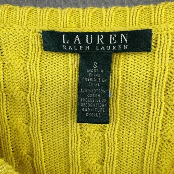 Lauren Ralph Lauren Cable Knit V-Neck Cotton Sweater Yellow Size Small Preppy - Picture 8 of 10